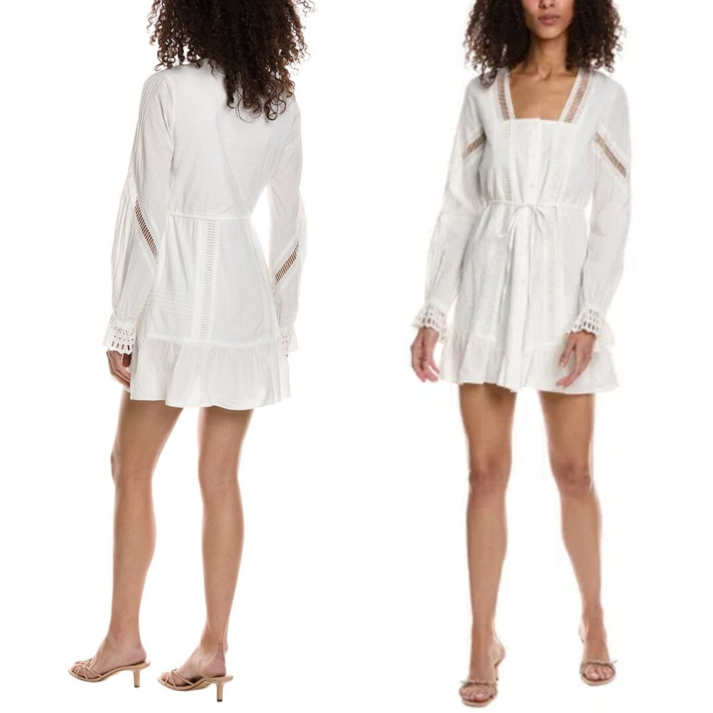 The Kooples Embroidered Lace Tie Waist Dobby Square-Neck Flounce Shirtdress Sz M - Picture 1 of 16